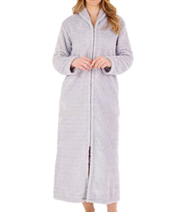 Slenderella Ladies Chevron Fleece Zip Up Dressing Gown Grey - Small