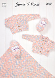 James Brett Chunky Knitting Pattern - Baby Cardigans & Blanket (JB581)