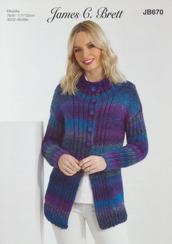 James Brett Chunky Knitting Pattern - Ladies Cardigan & Sweater (JB670)