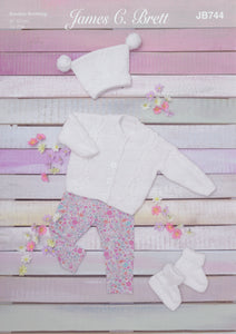 James Brett Double Knit Knitting Pattern - Baby Cardigan Hat & Bootees (JB744)