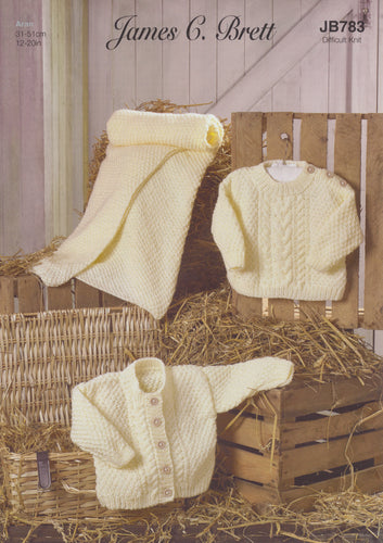 James Brett Aran Knitting Pattern - Baby Sweater Cardigan & Blanket (JB783)
