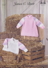 Load image into Gallery viewer, James Brett Aran Knitting Pattern - Baby Sweater &amp; Dress (JB786)