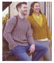 Load image into Gallery viewer, James Brett Aran Knitting Pattern - Ladies Cardigan &amp; Mens Sweater (JB851)
