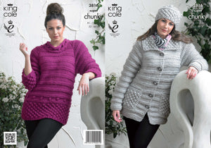 King Cole Super Chunky Knitting Pattern - 3816 Jacket Sweater & Hat