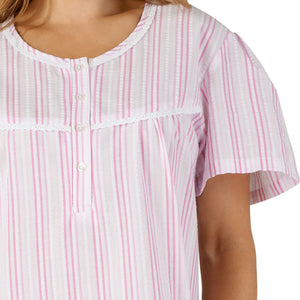 Slenderella Ladies Seersucker Stripe Short Sleeved Nightie Pink - UK 24/26