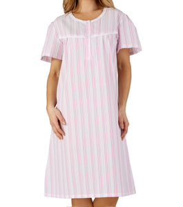 Slenderella Ladies Seersucker Stripe Short Sleeved Nightie Pink - UK 24/26