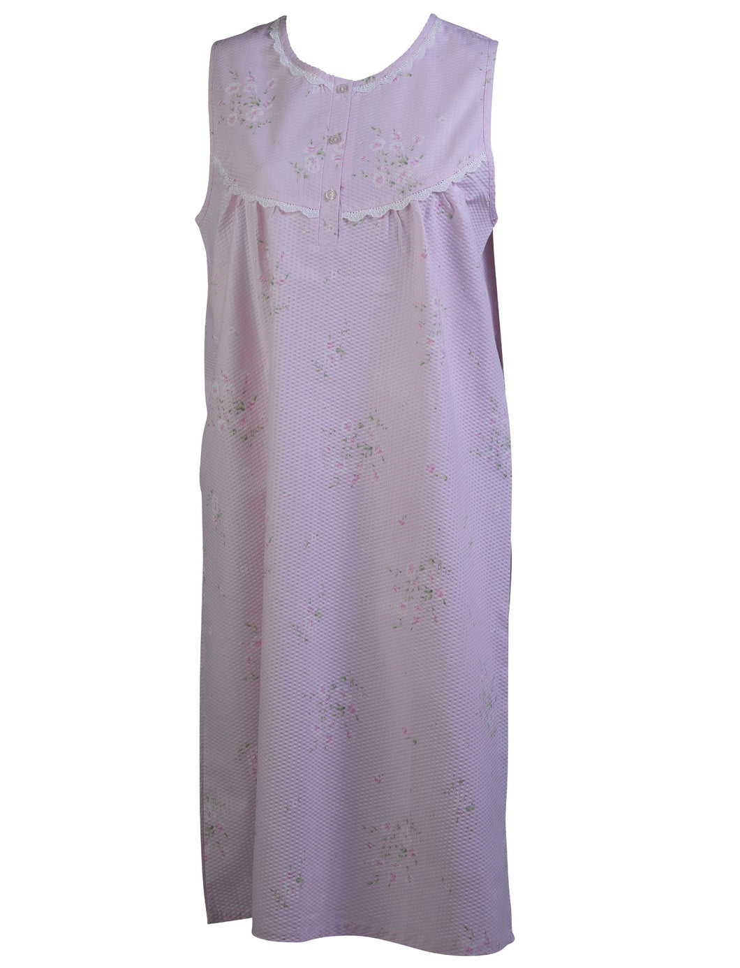 Slenderella Ladies Floral Seersucker Sleeveless Nightie with Lace Trim Pink - UK 10/12