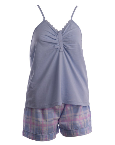 Slenderella Ladies Tartan Pyjamas - Jersey Top & Checked Shorts Blue - UK 20/22