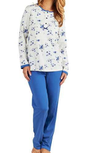 Slenderella Ladies Floral Pyjamas Set with Lace Trim Blue - UK 10/12