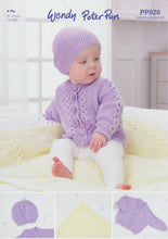 Load image into Gallery viewer, Wendy Peter Pan Baby 4ply Knitting Pattern - Cardigan Blanket &amp; Hat (PP026)
