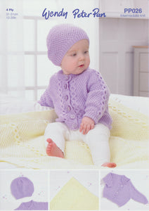 Wendy Peter Pan Baby 4ply Knitting Pattern - Cardigan Blanket & Hat (PP026)