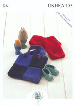 Load image into Gallery viewer, Double Knitting Pattern for Baby Shoes Egg Cosy Wrist Warmers &amp; Bag (UKHKA 153)