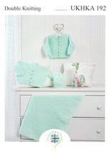 Load image into Gallery viewer, UKHKA 192 Double Knitting Pattern - Baby Cardigans Blanket &amp; Hat