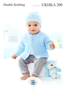 UKHKA 200 Double Knitting Pattern - Baby Cardigan Hat & Cushion