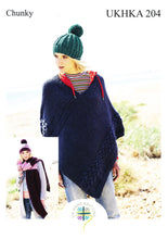 Load image into Gallery viewer, UKHKA 204 Chunky Knitting Pattern - Ladies Poncho Hat &amp; Scarf