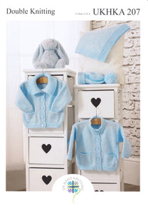 UKHKA 207 Double Knit Knitting Pattern - Baby Cardigans Hat & Blanket