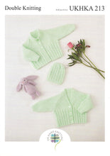Load image into Gallery viewer, UKHKA 213 Double Knit Knitting Pattern - Baby Cardigans &amp; Hat