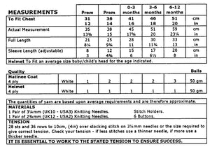 4 Ply Knitting Pattern - UKHKA 18 Baby Matinee Coat & Helmet