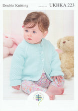 Load image into Gallery viewer, UKHKA 223 Double Knit Knitting Pattern - Baby Bolero Cardigan Hat &amp; Bootees