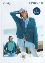Load image into Gallery viewer, UKHKA 251 Chunky Knitting Pattern - Ladies Cosy Knit Long Sleeve Jacket &amp; Snood