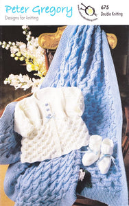Peter Gregory Double Knitting Pattern - 675 Baby Coat Shawl & Bootees