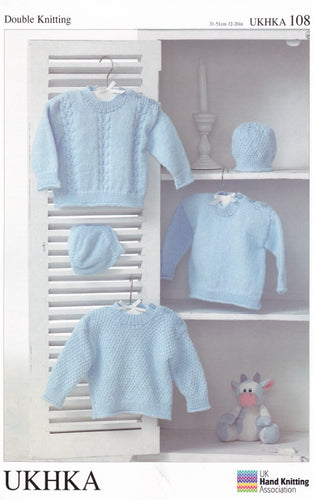 Double Knitting Pattern for Long Sleeved Baby Jumpers & Hat (UKHKA 108)