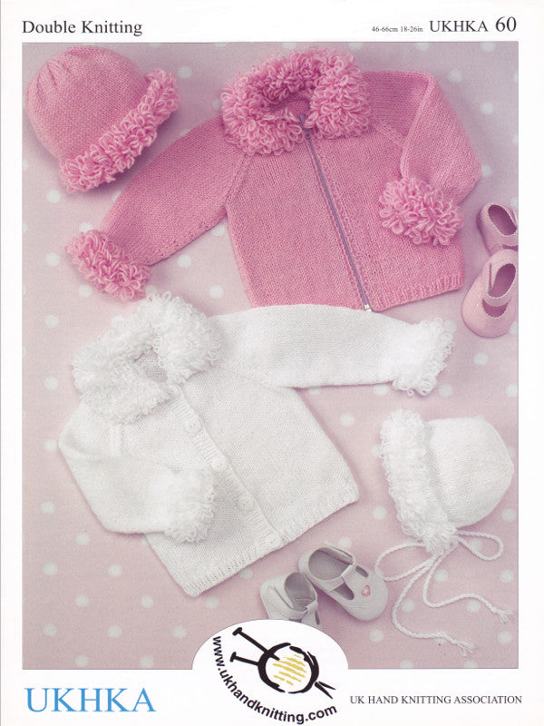 Baby Double Knitting Pattern - UKHKA 60 Cardigans Hat and Bonnet