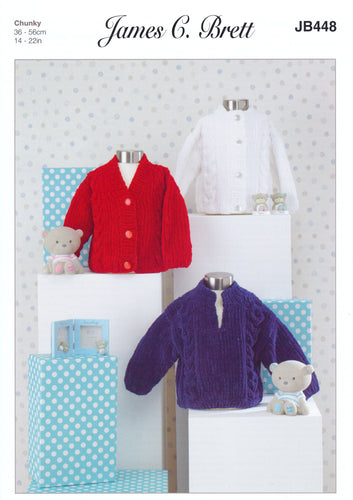 James Brett Chunky Knitting Pattern - Baby Cardigans & Sweater (JB448)