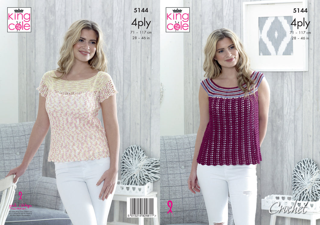 King Cole 4 Ply Crochet Pattern - Ladies Tops (5144)