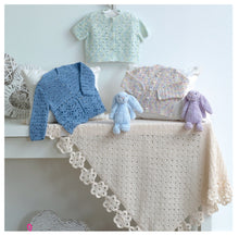 Load image into Gallery viewer, https://images.esellerpro.com/2278/I/142/455/king-cole-4ply-4-ply-crochet-pattern-baby-matinee-jackets-cardigans-shawl-5002-image1.jpg
