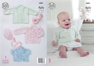 King Cole 4Ply Knitting Pattern - Baby Cardigans & Bonnet (5001)