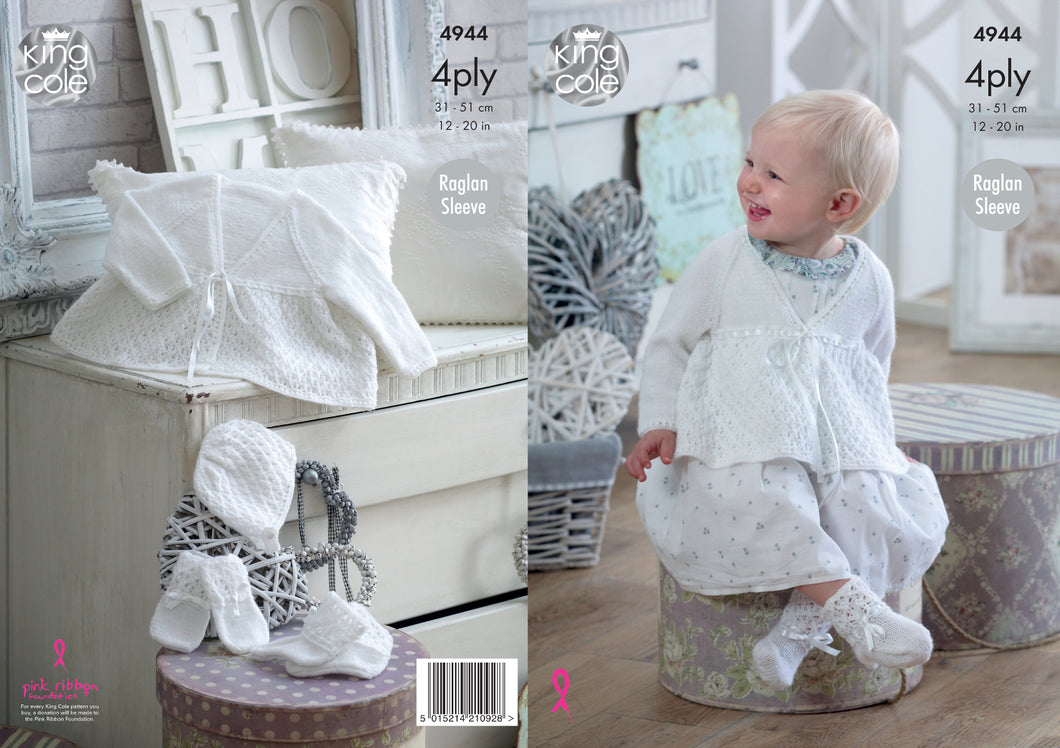 King Cole 4Ply Knitting Pattern - Baby Matinee Coat & Accessories (4944)