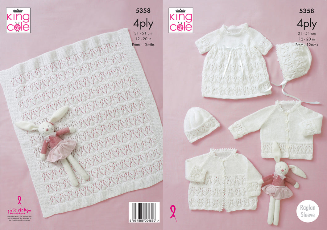 King Cole 4ply Knitting Pattern - Baby Coat Cardigan Dress Hat & Blanket (5358)