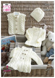 King Cole Aran Knitting Pattern - Baby Coat Sweater Gilet & Hat (5223)