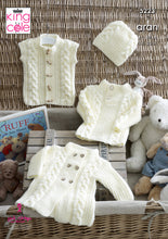 Load image into Gallery viewer, King Cole Aran Knitting Pattern - Baby Coat Sweater Gilet &amp; Hat (5223)