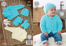 Load image into Gallery viewer, King Cole Aran Knitting Pattern - Sweater Cardigan Hat Scarf &amp; Booties (4646)