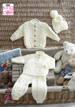 Load image into Gallery viewer, King Cole Aran Knitting Pattern - Baby Sweater Jacket Trousers &amp; Hat (5222)