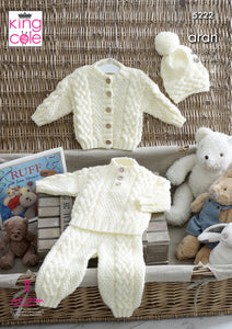 King Cole Aran Knitting Pattern - Baby Sweater Jacket Trousers & Hat (5222)