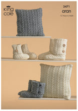 Load image into Gallery viewer, King Cole Aran Knitting Pattern - 3471 Knitted Slippers &amp; Cushions