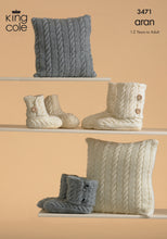 Load image into Gallery viewer, King Cole Aran Knitting Pattern - 3471 Knitted Slippers &amp; Cushions