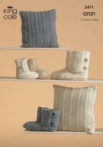 King Cole Aran Knitting Pattern - 3471 Knitted Slippers & Cushions