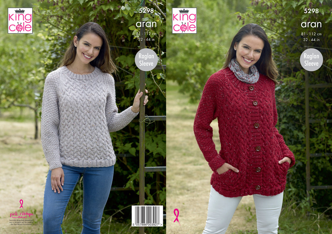 King Cole Aran Knitting Pattern - Ladies Sweater & Jacket (5298)