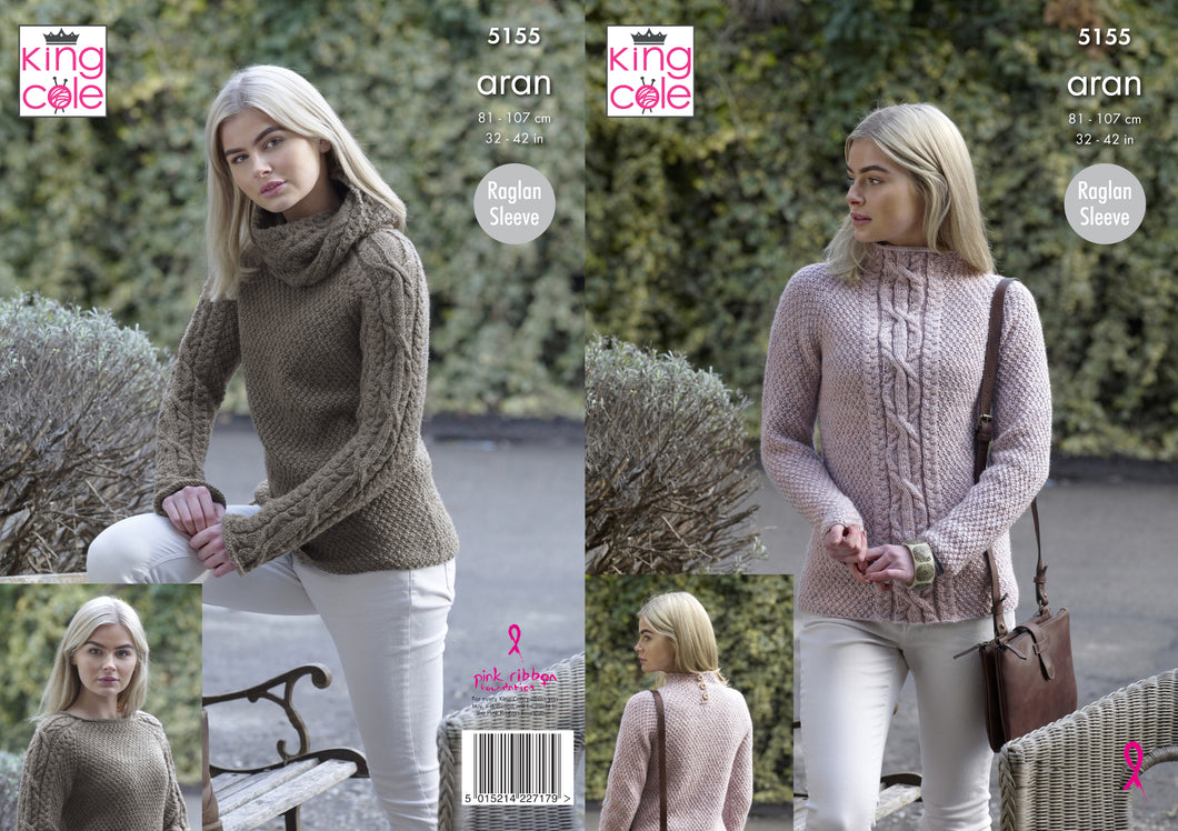 King Cole Aran Knitting Pattern - Ladies Sweater & Cowl (5155)