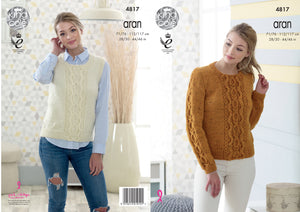King Cole Aran Knitting Pattern - Ladies Cabled Sweater & Slipover (4817)