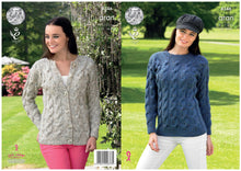 Load image into Gallery viewer, King Cole Aran Knitting Pattern - Ladies Cabled Sweater &amp; Cardigan (4346)