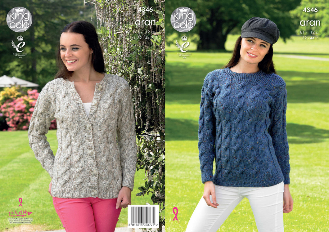 King Cole Aran Knitting Pattern - Ladies Cabled Sweater & Cardigan (4346)