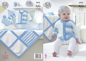 King Cole 4Ply Knitting Pattern - Baby Jacket Bootees Blanket & Hat (4978)