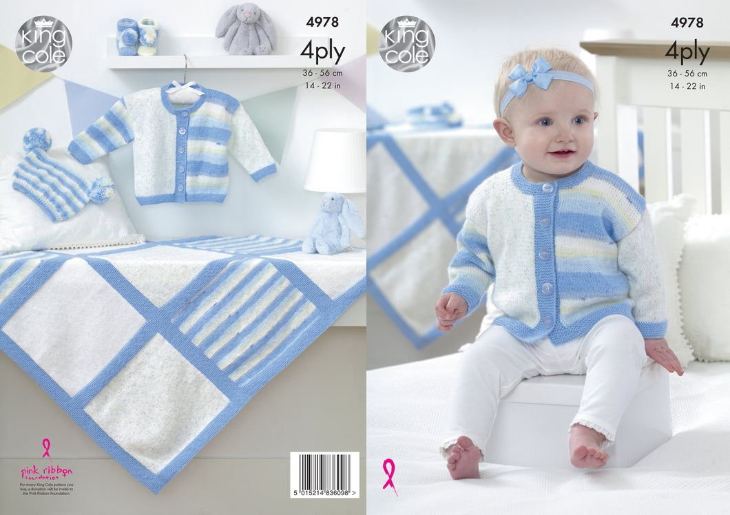 King Cole 4Ply Knitting Pattern - Baby Jacket Bootees Blanket & Hat (4978)