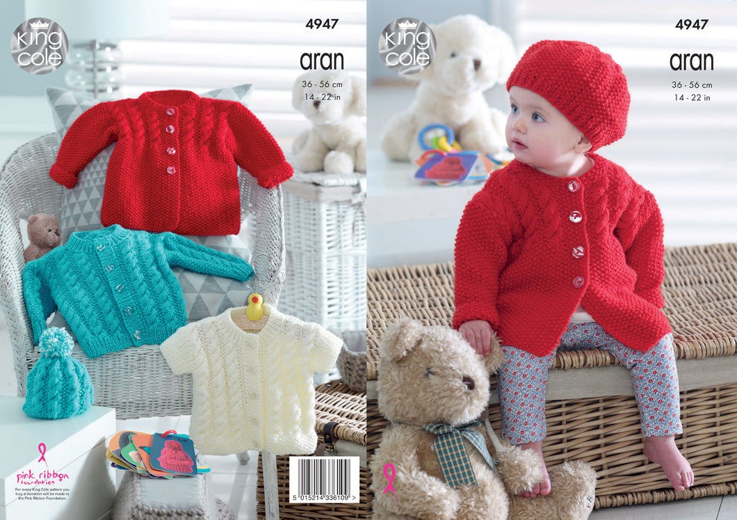 King Cole Aran Knitting Pattern - Baby Jackets Cardigan & Hats (4947)