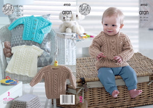 King Cole Aran Knitting Pattern - Baby Sweater Cardigan & Dress (4950)